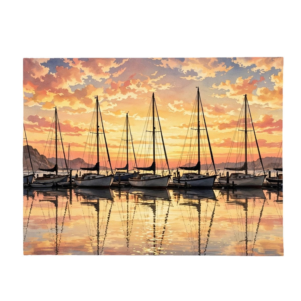 Sailboat harbor sunset flannel blanket with boat masts reflected on calm water, birthday gift for best friend