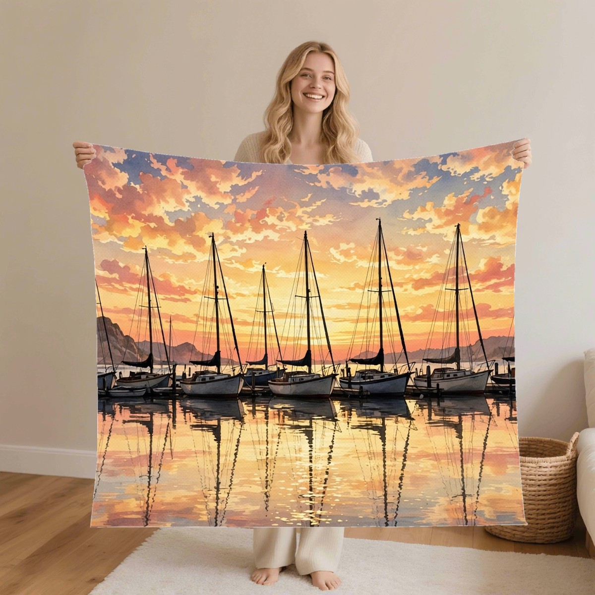 sailboat harbor sunset blanket worn by a model, personalized Birthday gift for best friend