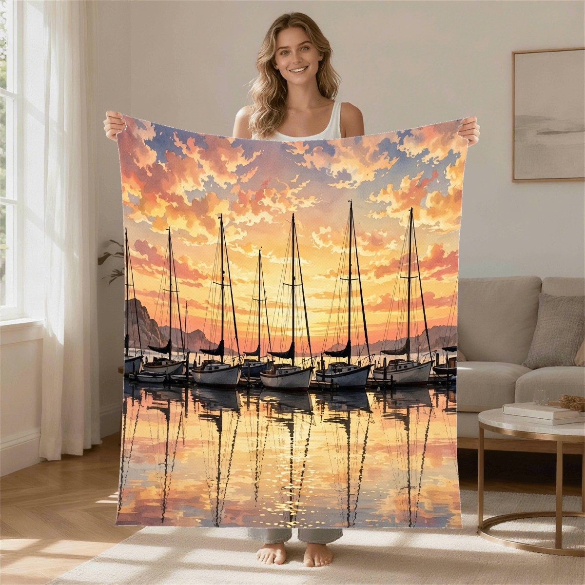 sailboat harbor sunset blanket modeled in a home setting, gift for best friend, Birthday
