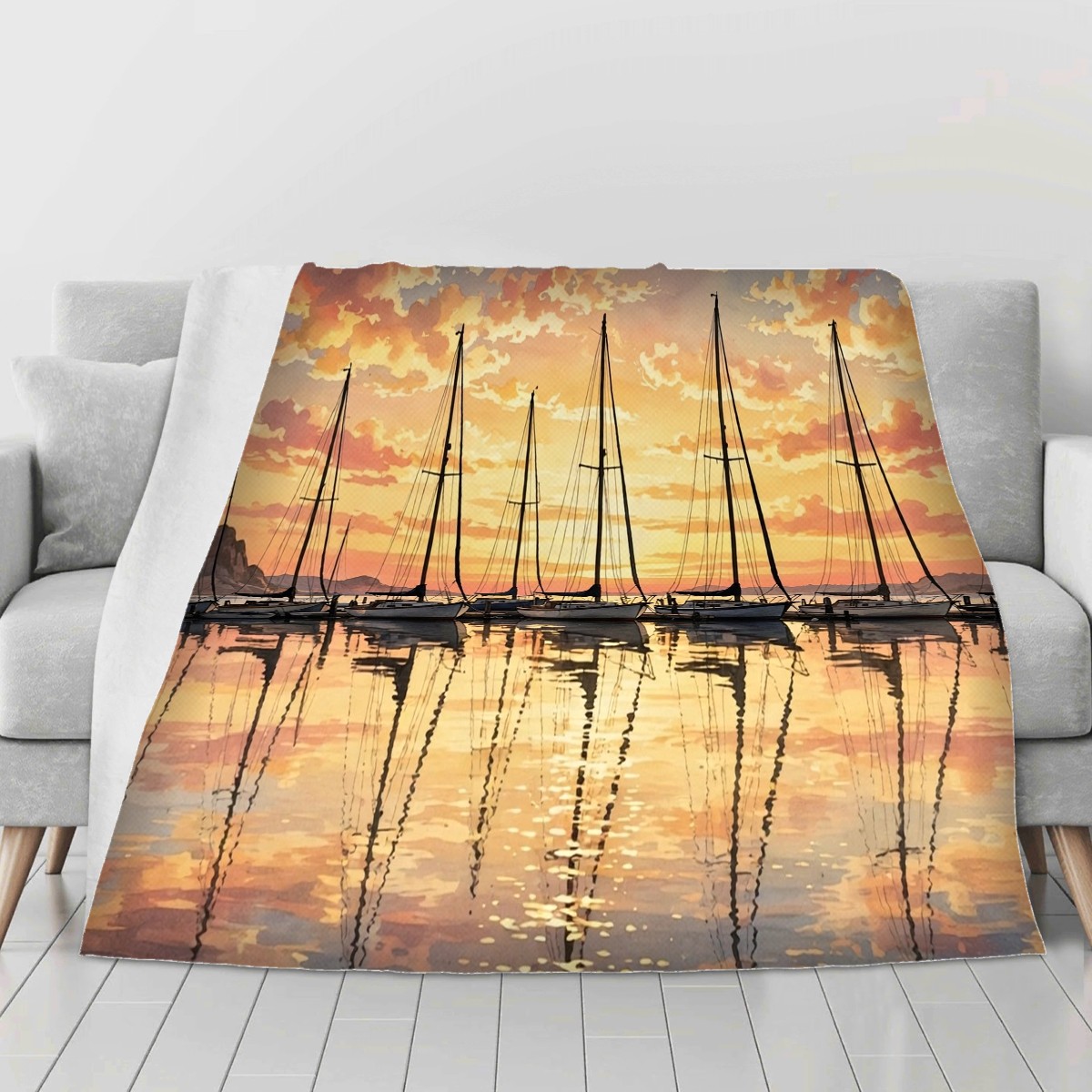 sailboat harbor sunset blanket on a second sofa, personalized Birthday gift for best friend