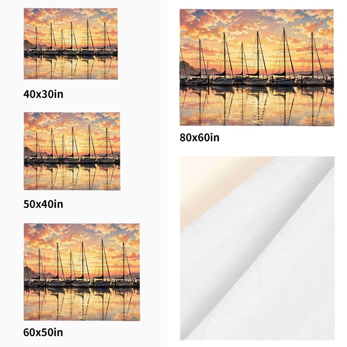 sailboat harbor sunset flannel blanket size comparison across all four sizes