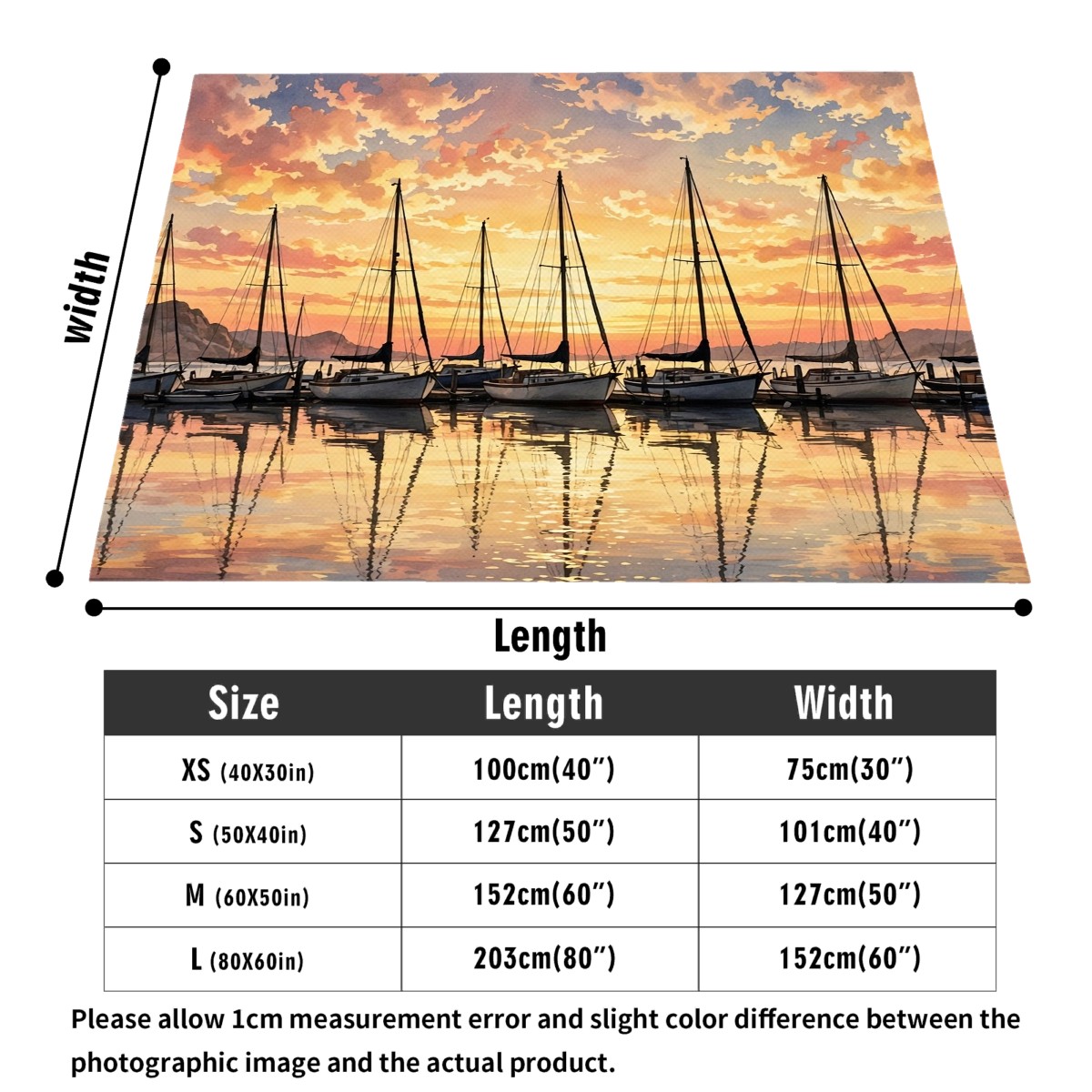 sailboat harbor sunset flannel blanket size guide, 30x40 to 60x80 inch