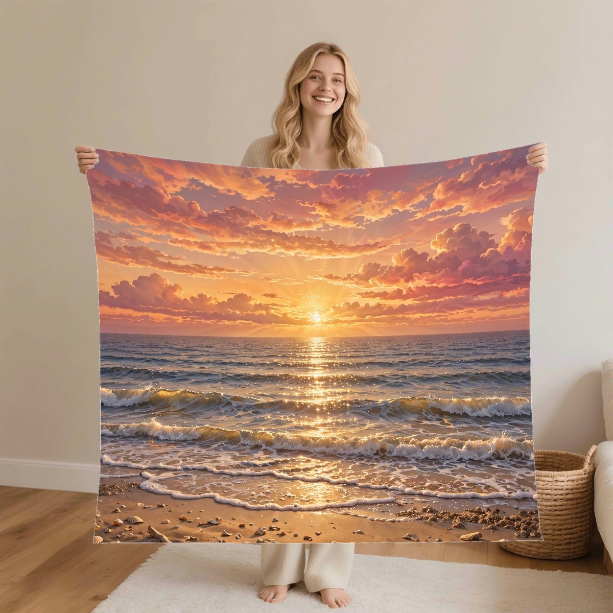 beach ocean sunset blanket worn by a model, personalized Father's Day gift for dad