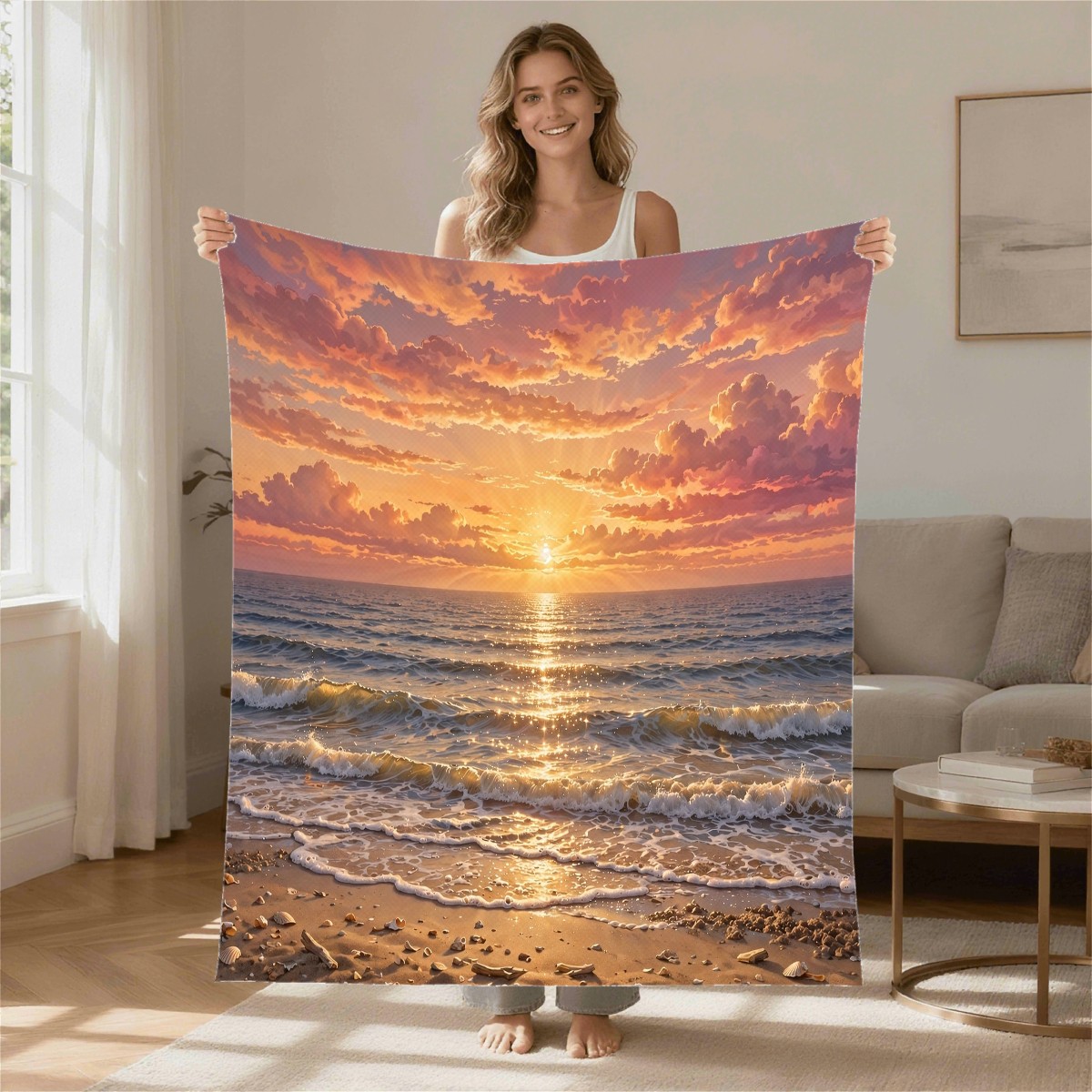 beach ocean sunset blanket modeled in a home setting, gift for dad, Father's Day