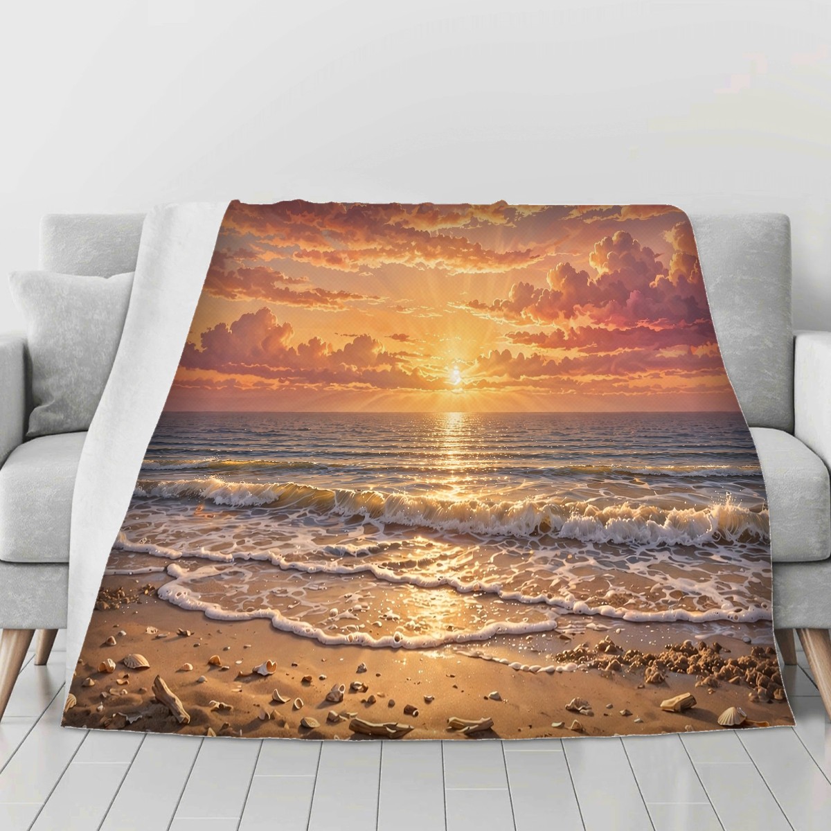 beach ocean sunset blanket on a second sofa, personalized Father's Day gift for dad