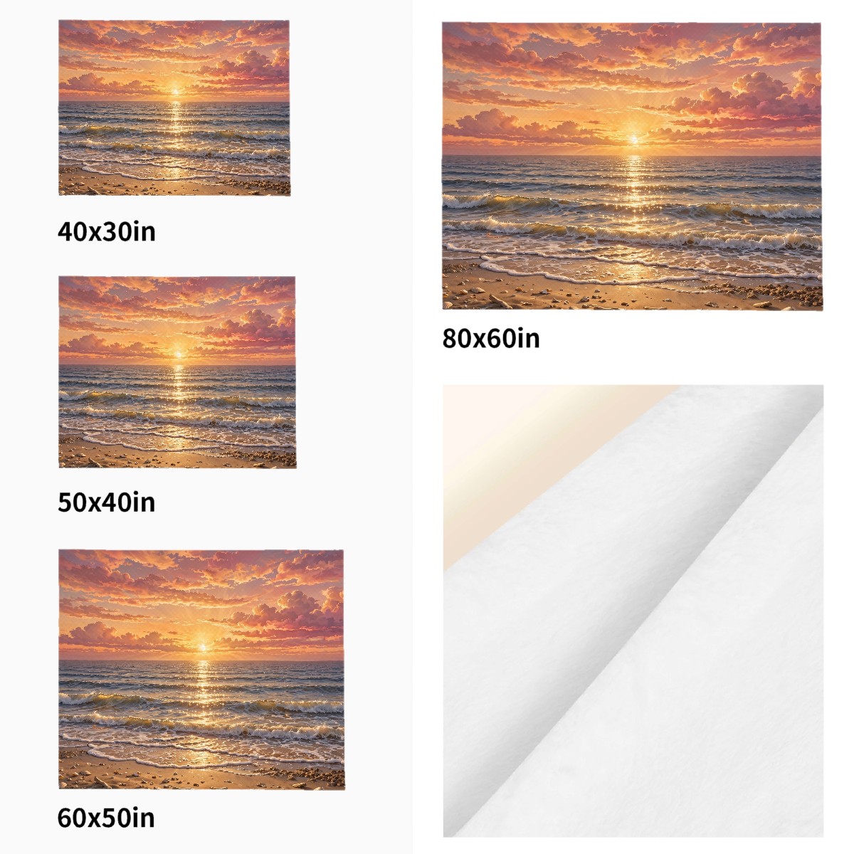beach ocean sunset flannel blanket size comparison across all four sizes