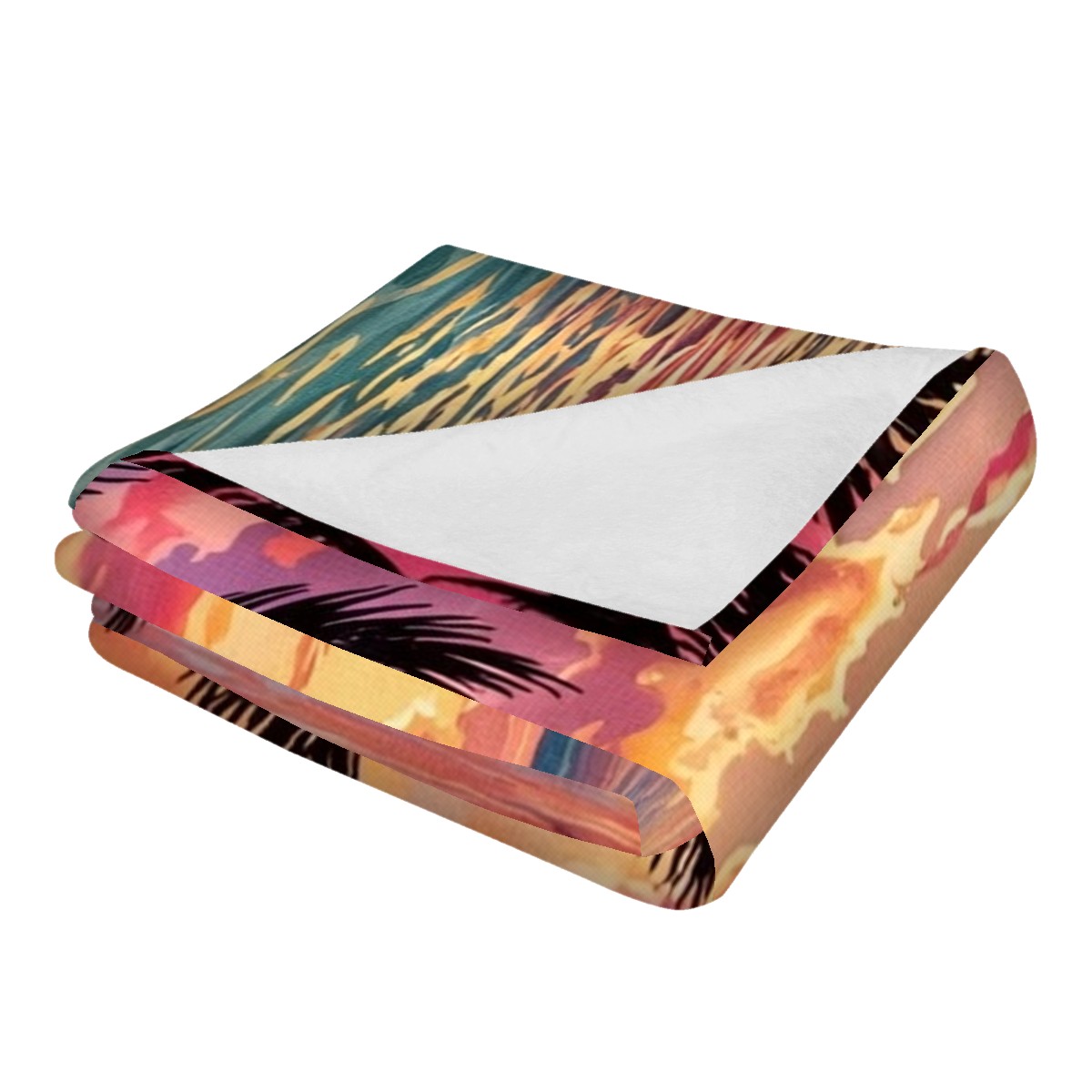 Close-up detail of the tropical palms sunset print on the flannel blanket, gift for daughter