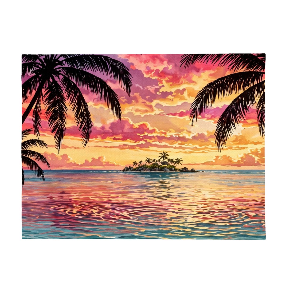 Tropical palms sunset flannel blanket with palm silhouettes over turquoise water, birthday gift for daughter