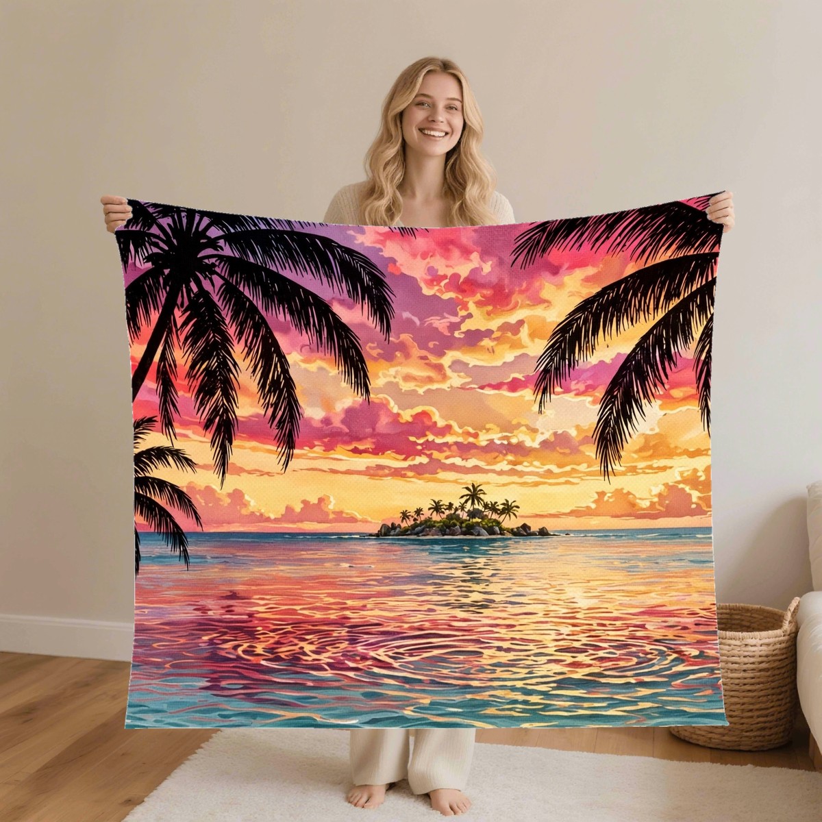 tropical palms sunset blanket worn by a model, personalized Birthday gift for daughter