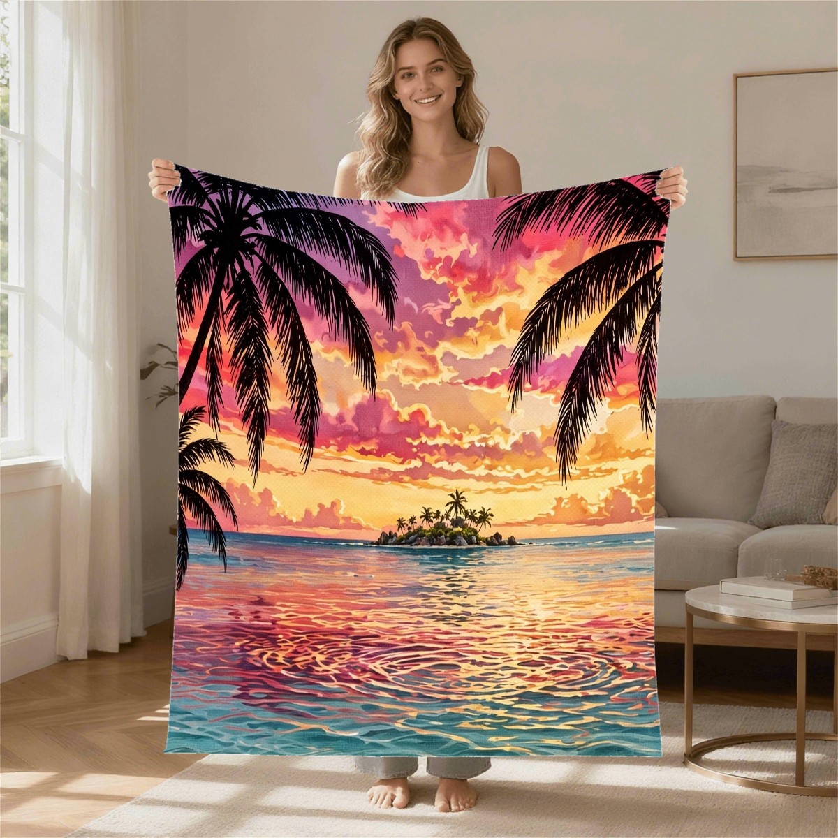 tropical palms sunset blanket modeled in a home setting, gift for daughter, Birthday