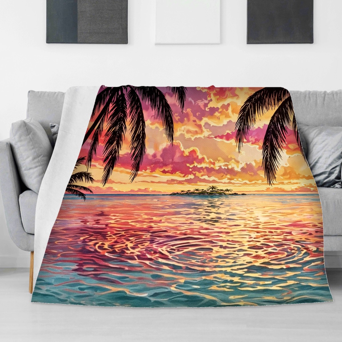 Tropical sunset blanket draped on a sofa, bright birthday gift for daughter