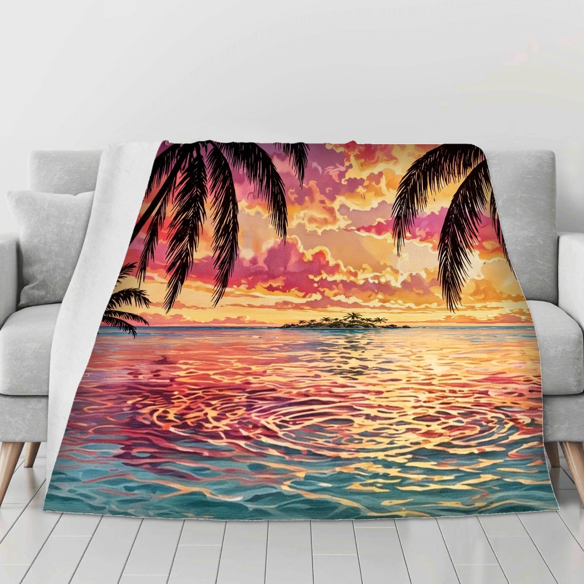 tropical palms sunset blanket on a second sofa, personalized Birthday gift for daughter