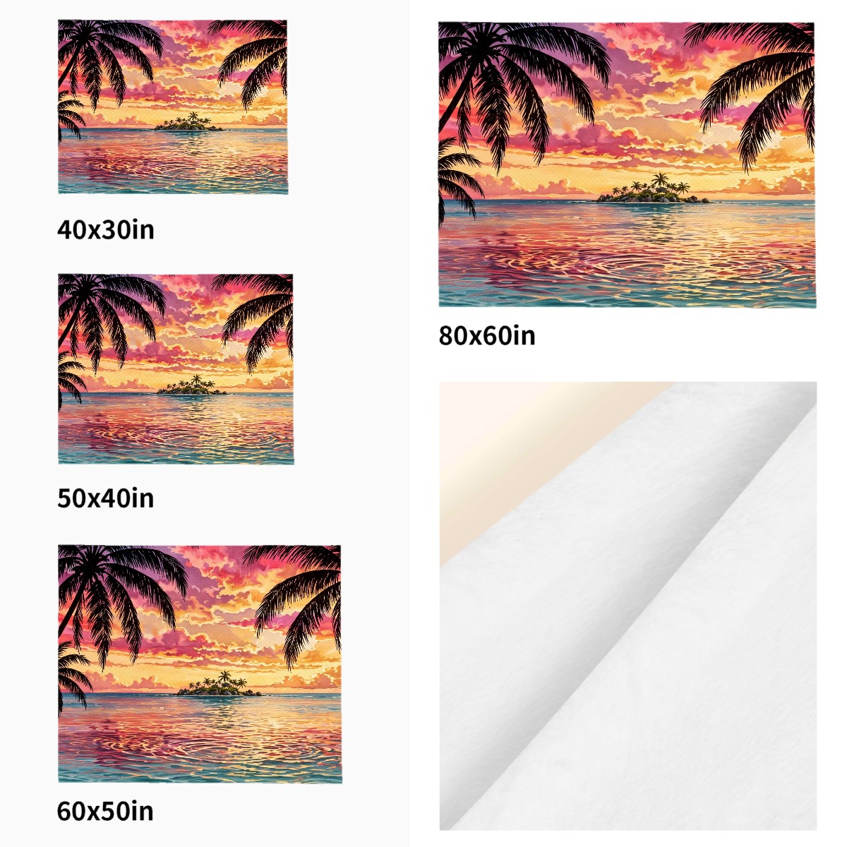 tropical palms sunset flannel blanket size comparison across all four sizes