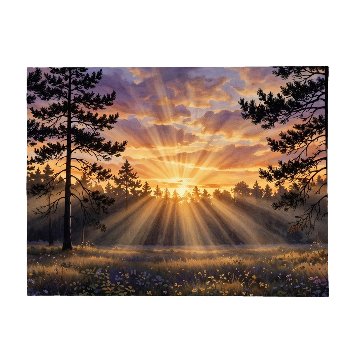 Forest pines sunset flannel blanket with sun rays streaming through tall trees, birthday gift for grandma