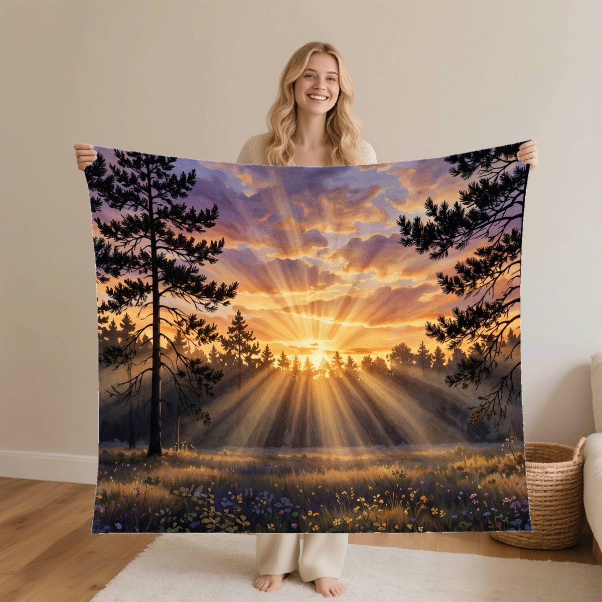 forest pines sunset blanket worn by a model, personalized Birthday gift for grandma