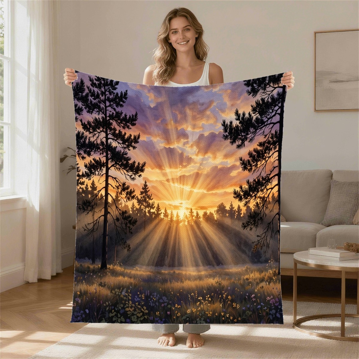 forest pines sunset blanket modeled in a home setting, gift for grandma, Birthday