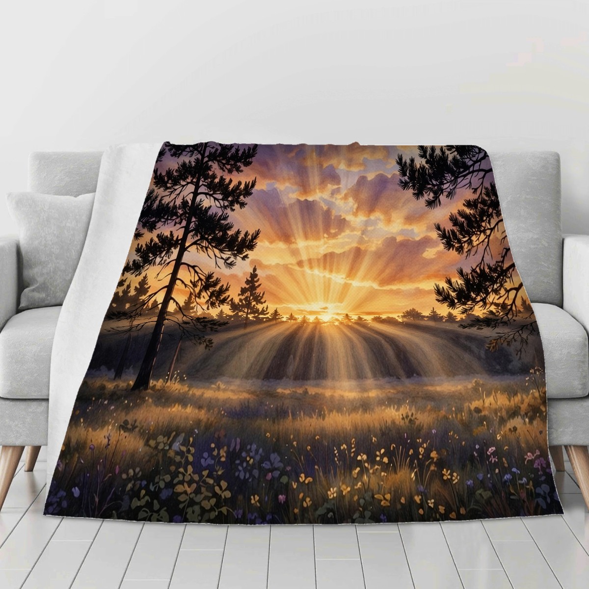 forest pines sunset blanket on a second sofa, personalized Birthday gift for grandma