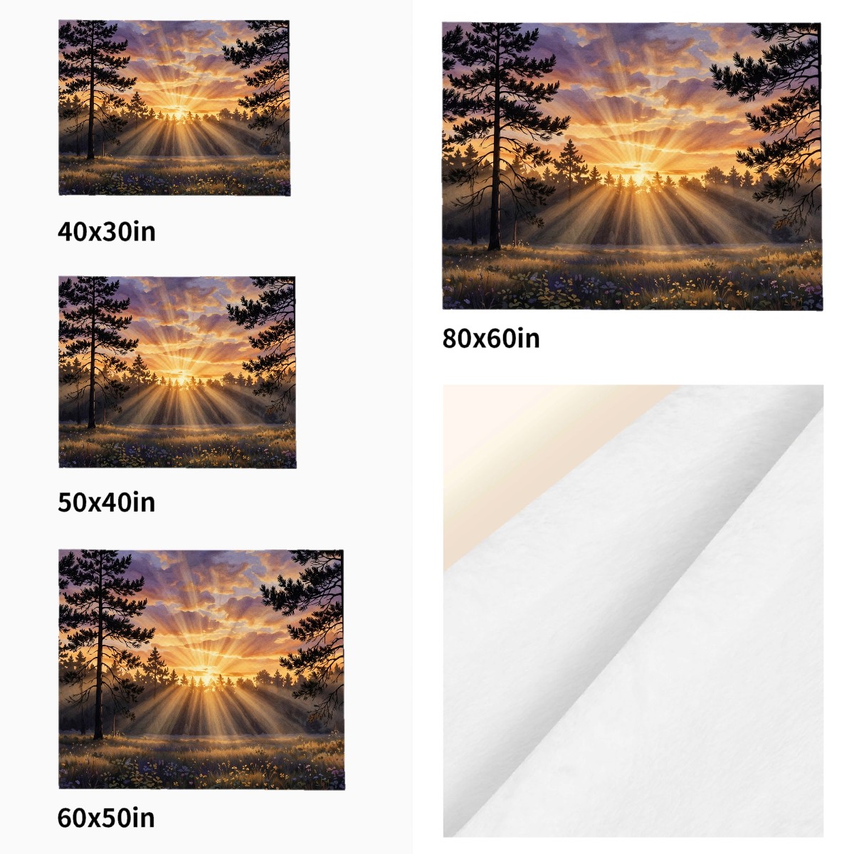 forest pines sunset flannel blanket size comparison across all four sizes