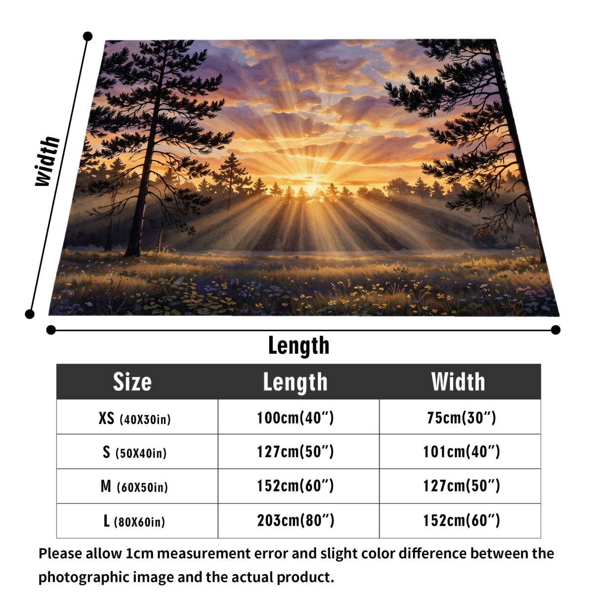 forest pines sunset flannel blanket size guide, 30x40 to 60x80 inch