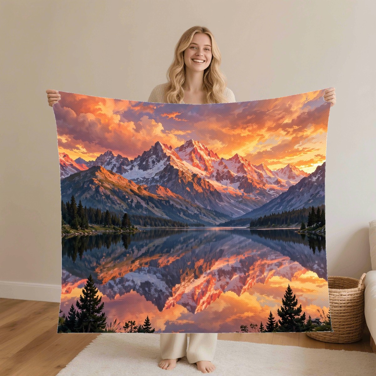 mountain lake sunset blanket worn by a model, personalized Christmas gift for grandpa