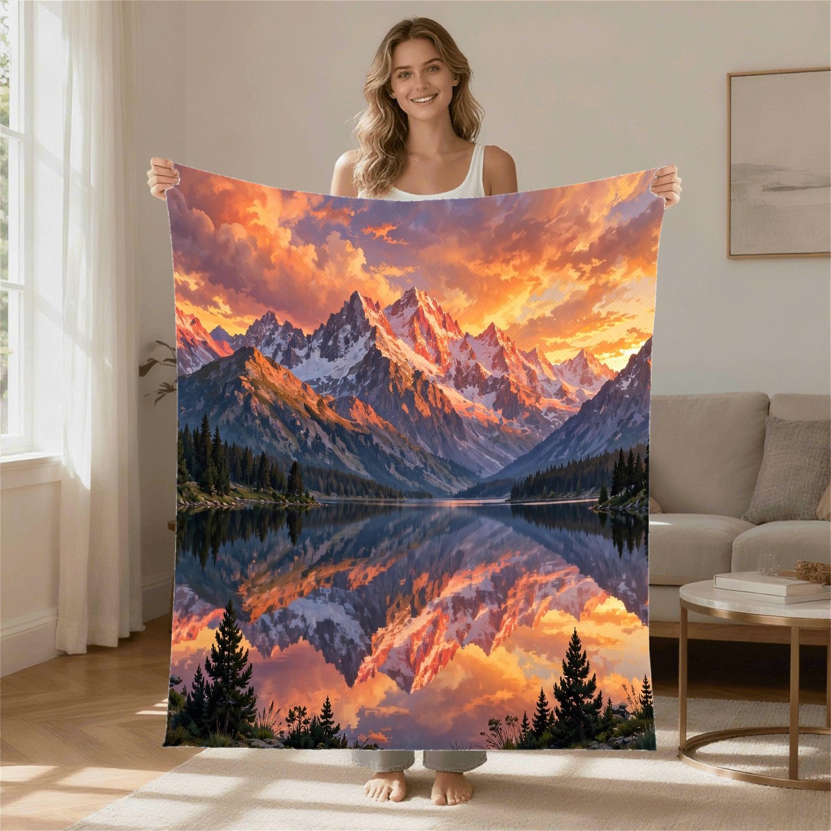 mountain lake sunset blanket modeled in a home setting, gift for grandpa, Christmas