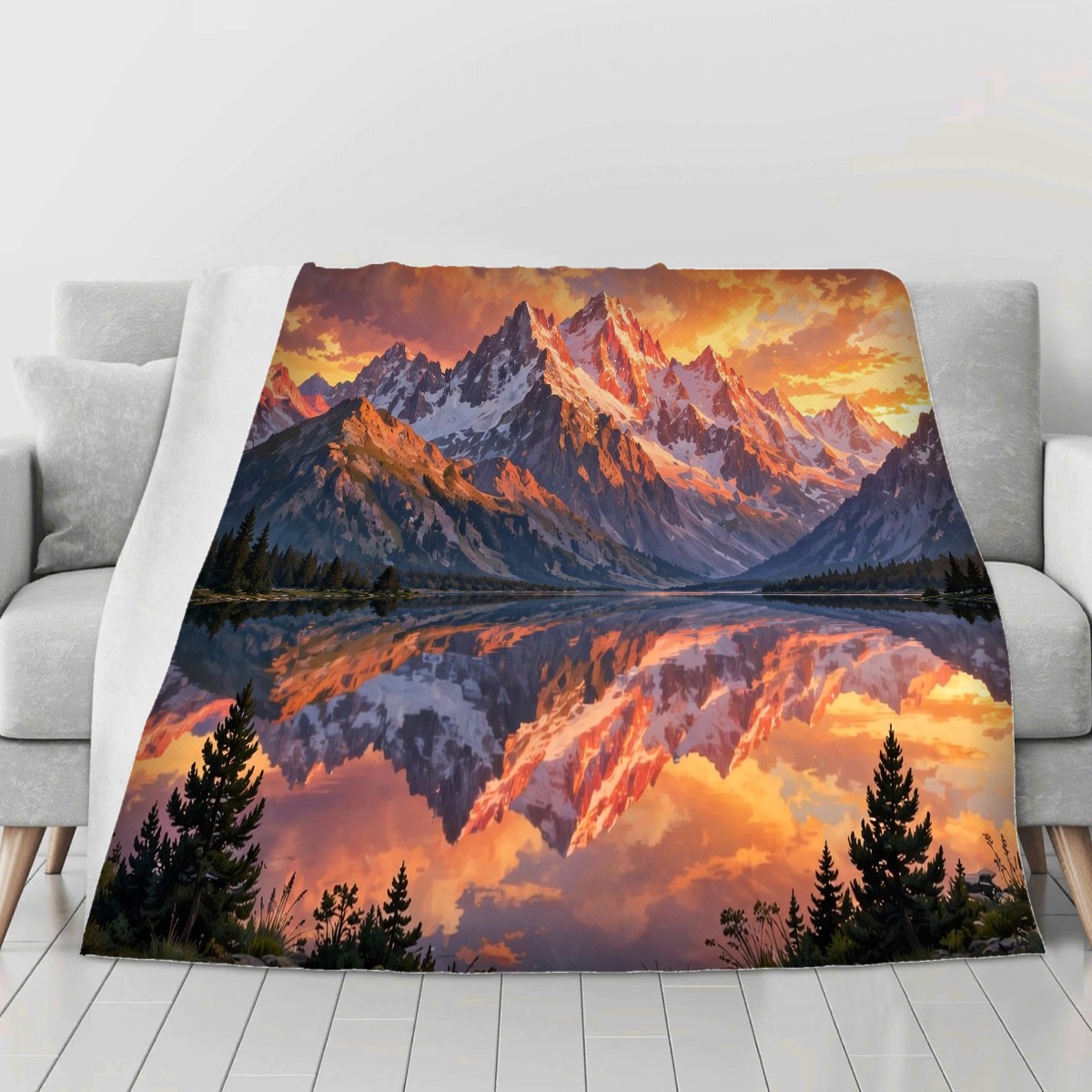 mountain lake sunset blanket on a second sofa, personalized Christmas gift for grandpa