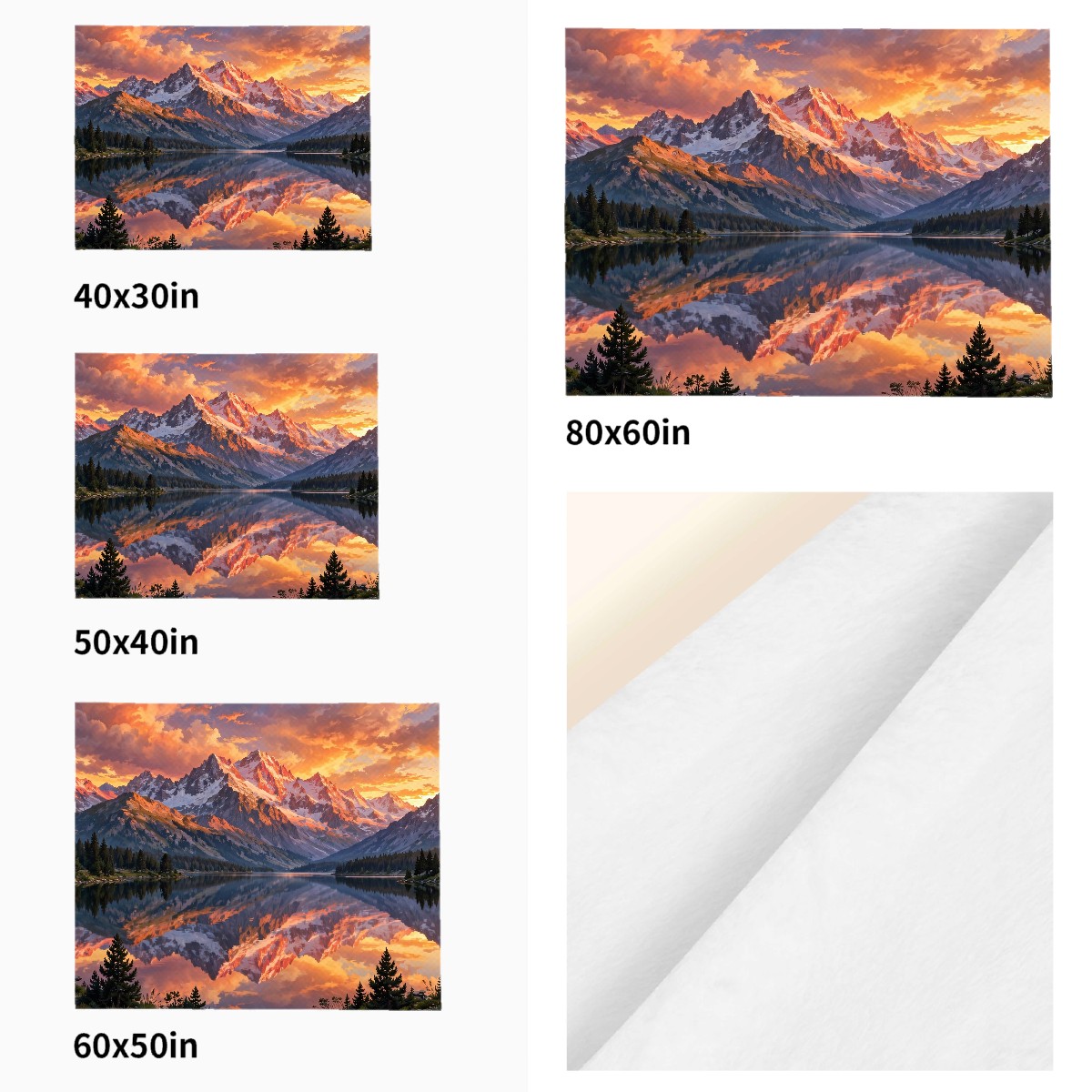mountain lake sunset flannel blanket size comparison across all four sizes