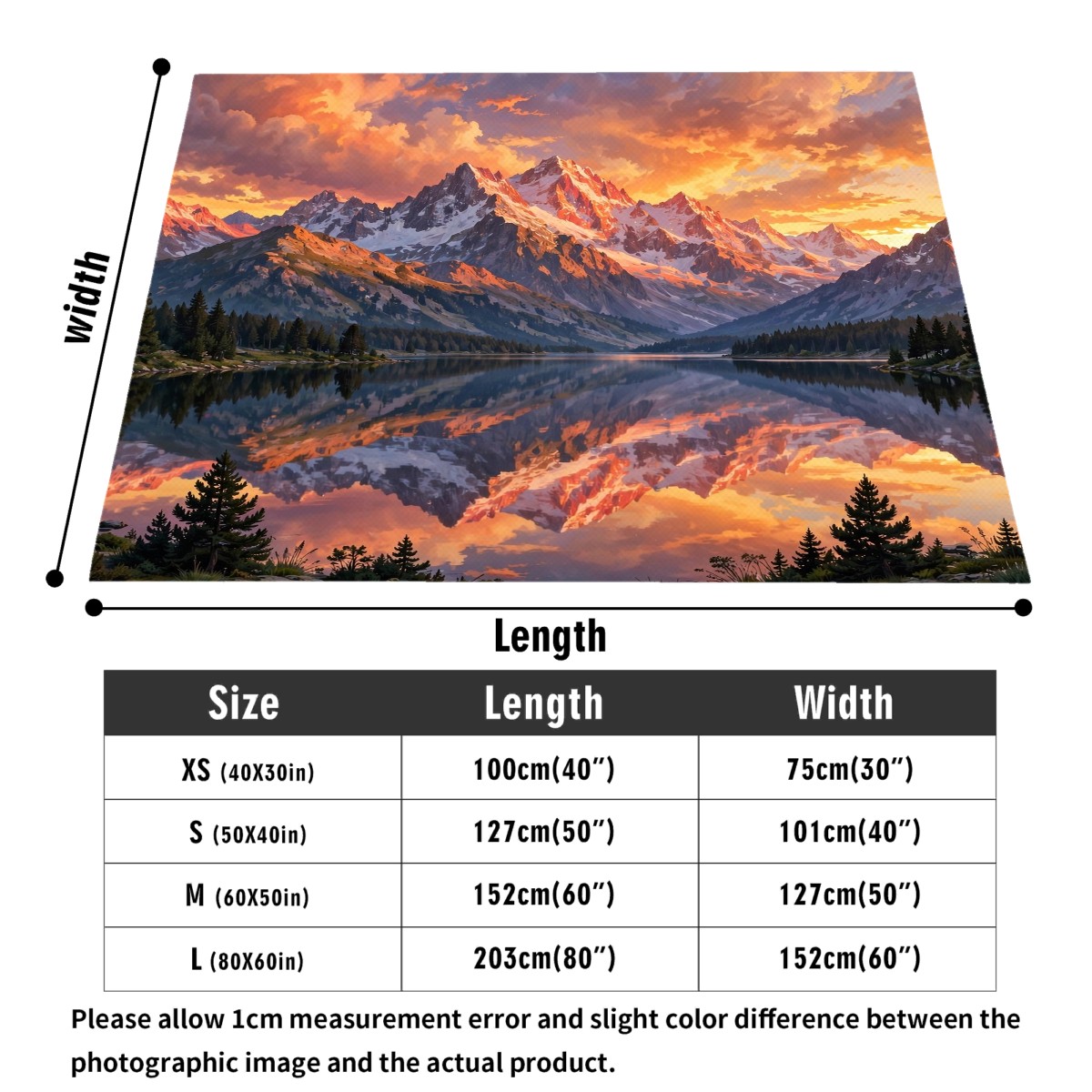 mountain lake sunset flannel blanket size guide, 30x40 to 60x80 inch