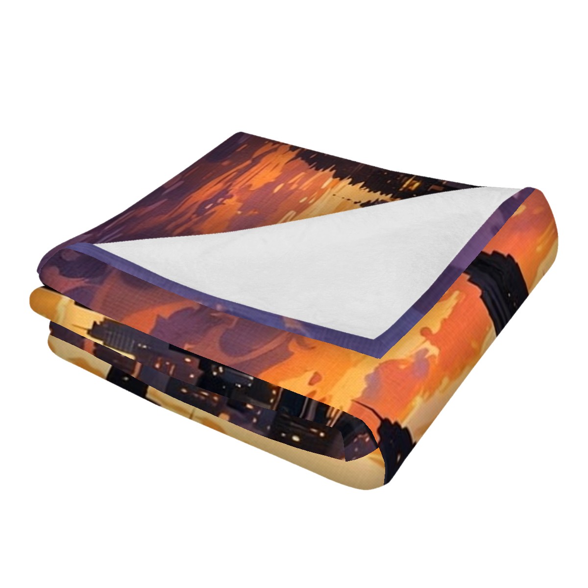Close-up detail of the city skyline sunset print on the flannel blanket, gift for husband