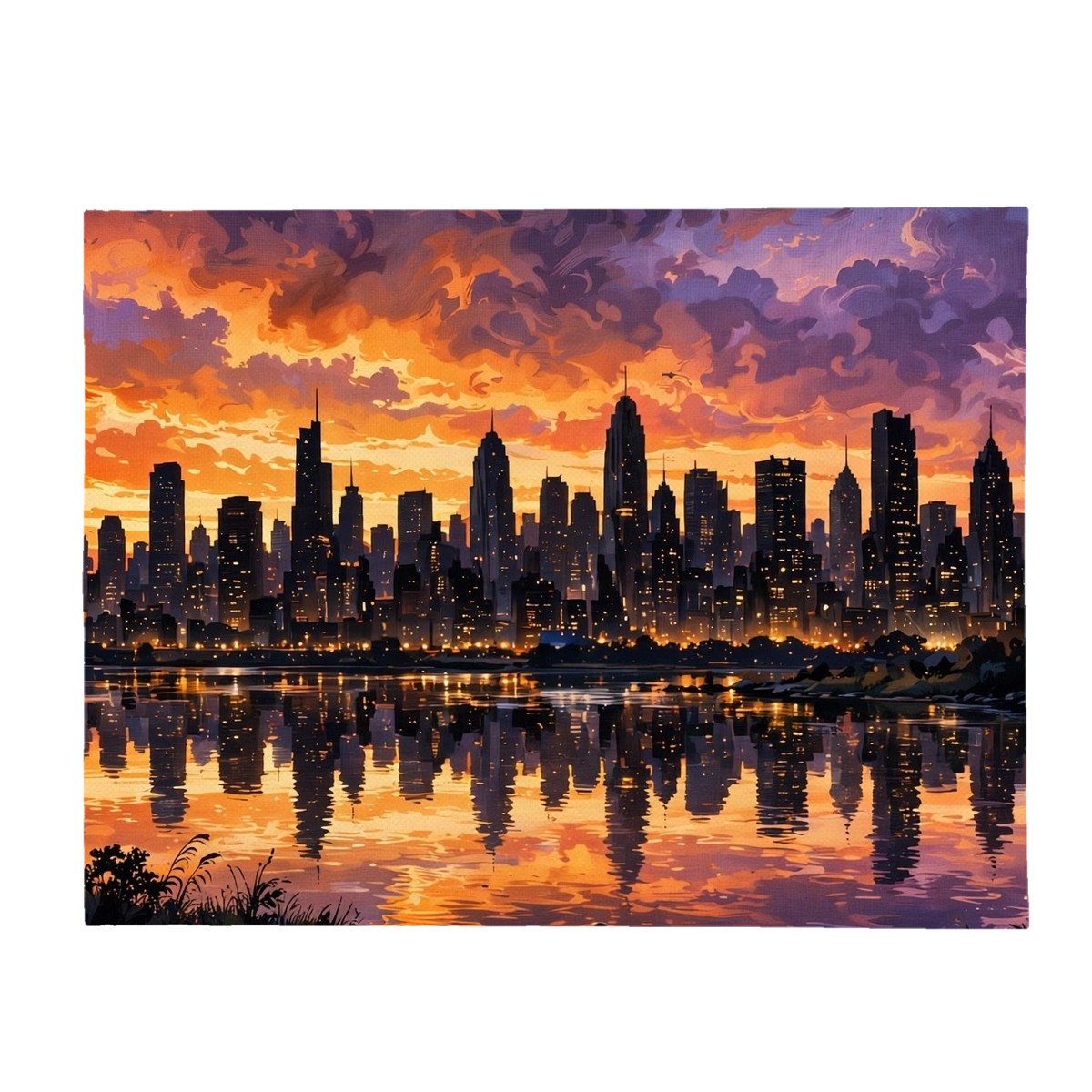 City skyline sunset flannel blanket with skyscrapers reflected in a river, anniversary gift for husband
