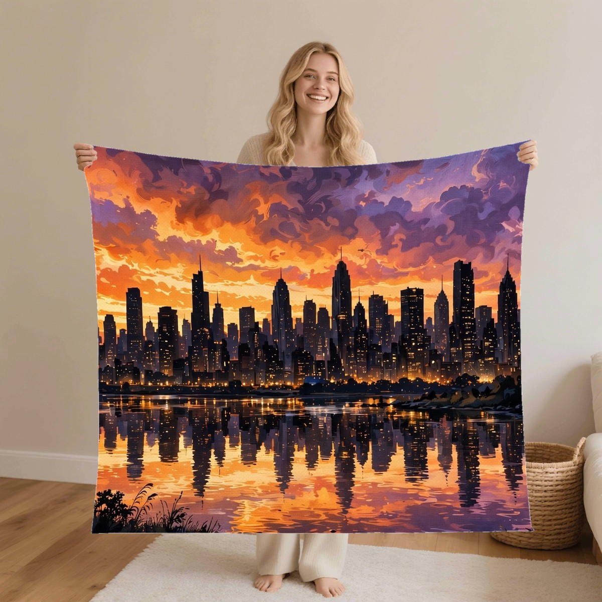 city skyline sunset blanket worn by a model, personalized Anniversary gift for husband