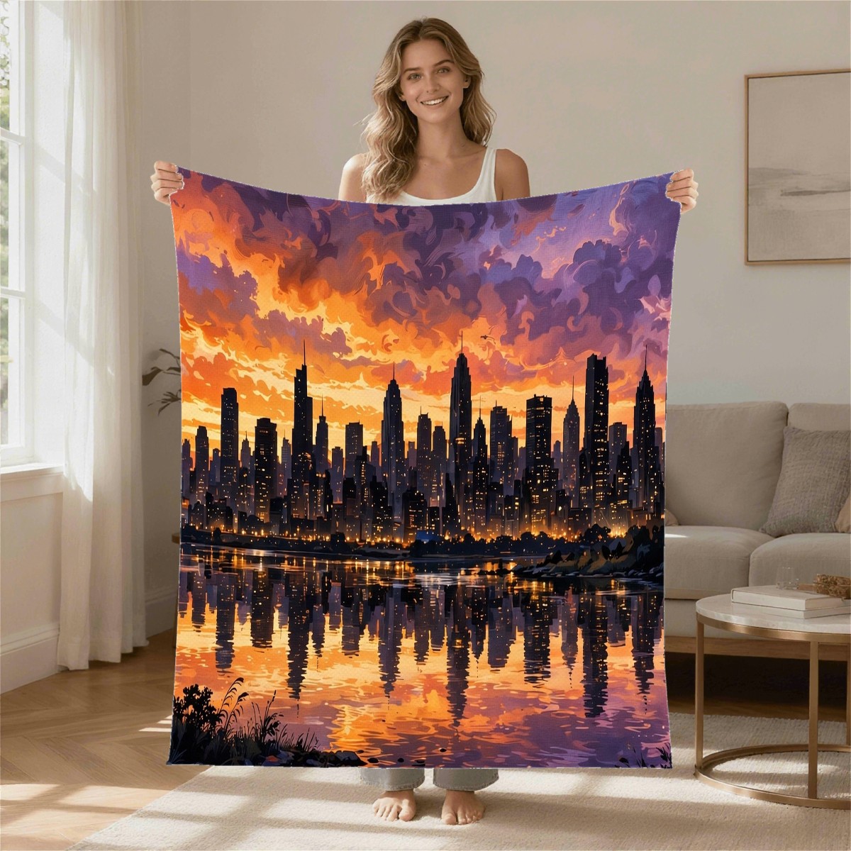 city skyline sunset blanket modeled in a home setting, gift for husband, Anniversary