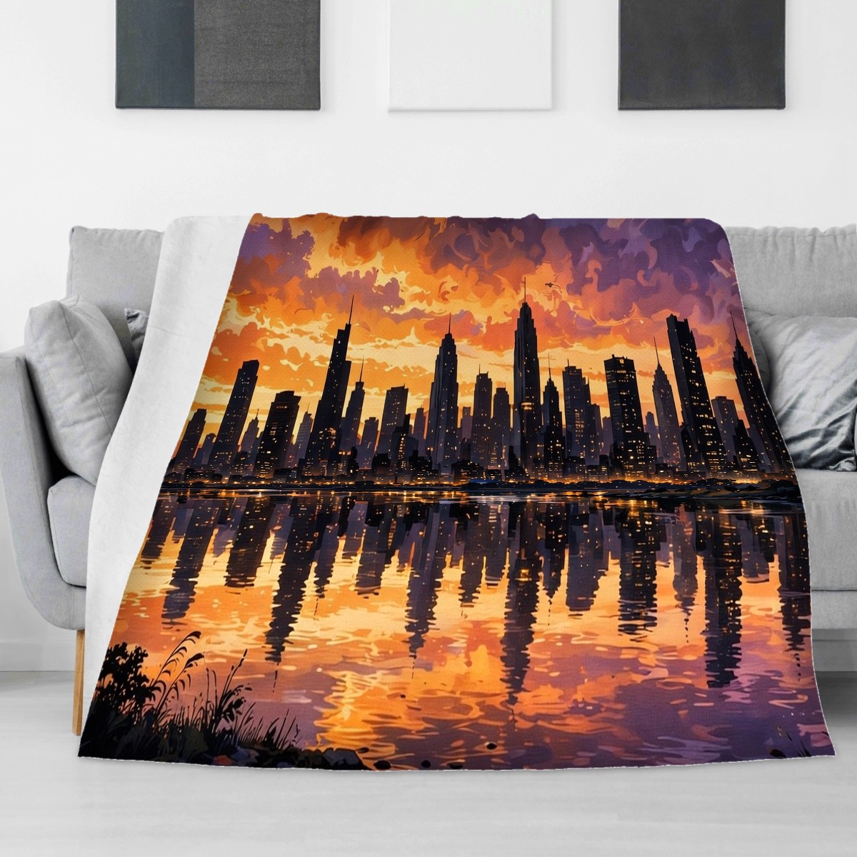 City skyline sunset blanket draped over a sofa, romantic anniversary gift for husband