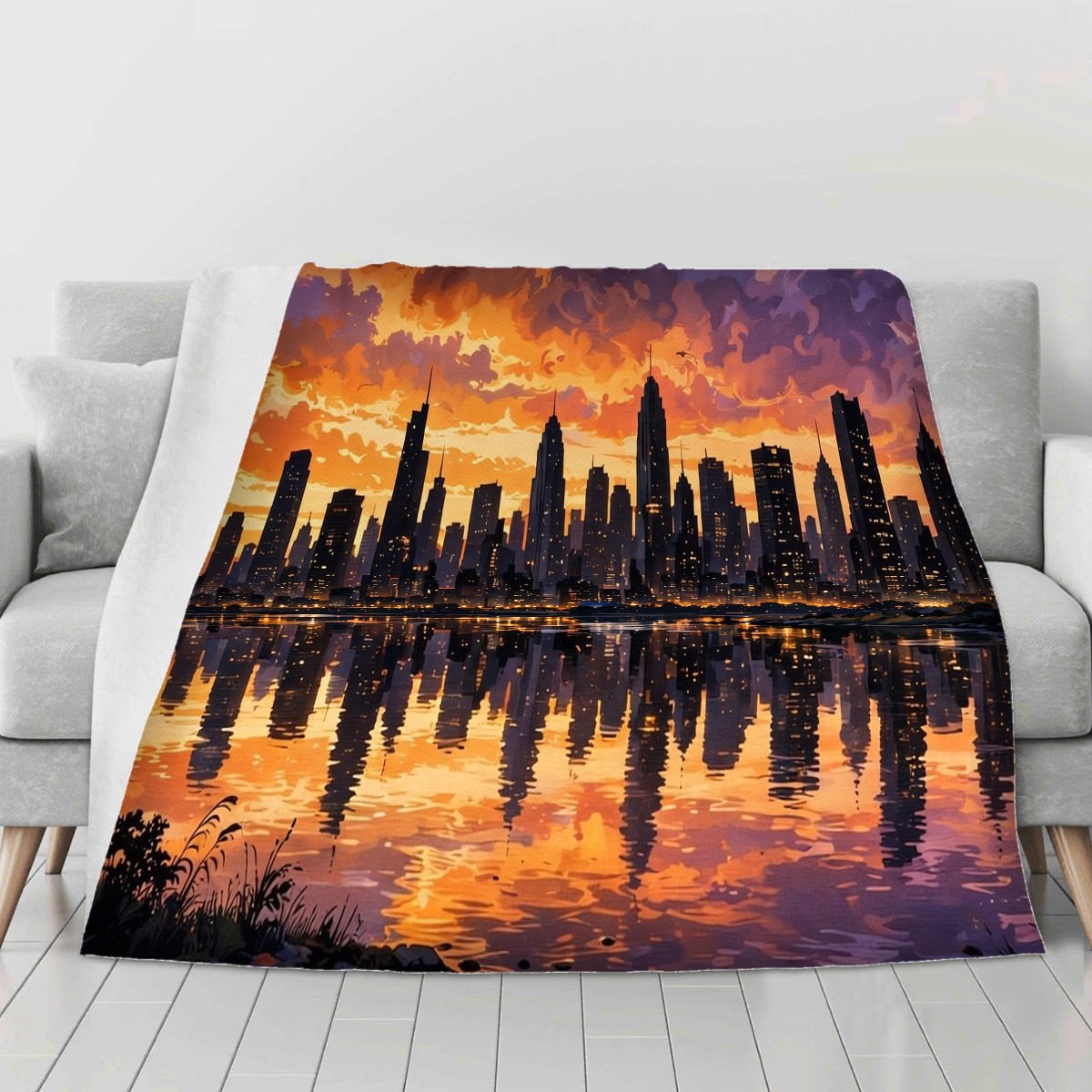 city skyline sunset blanket on a second sofa, personalized Anniversary gift for husband
