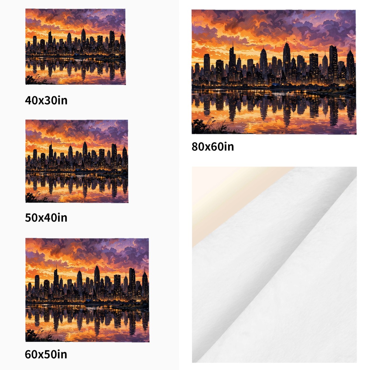 city skyline sunset flannel blanket size comparison across all four sizes