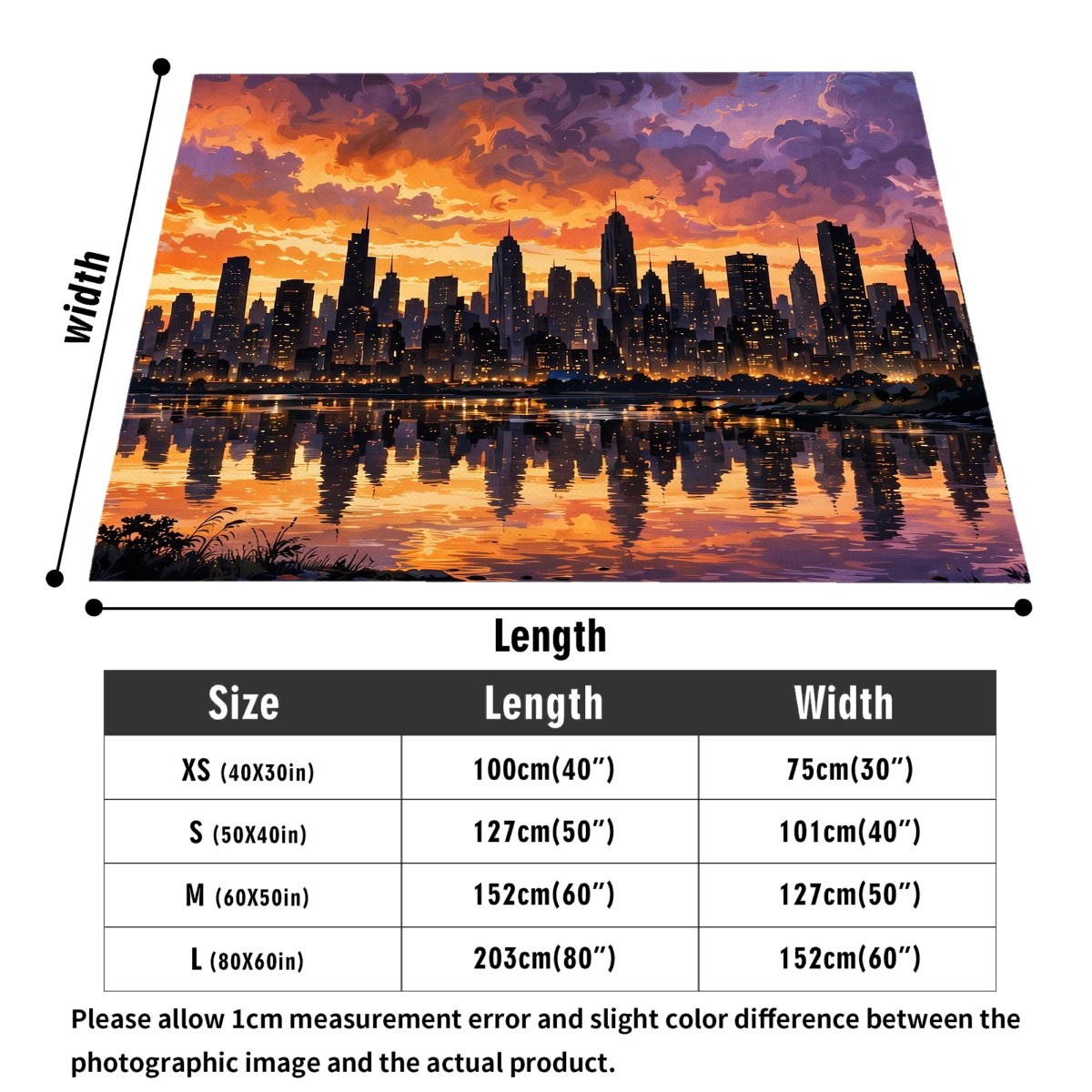 city skyline sunset flannel blanket size guide, 30x40 to 60x80 inch