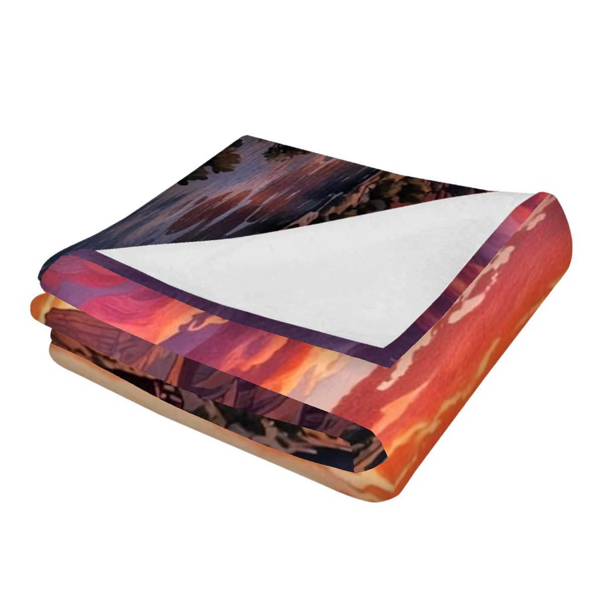 Close-up detail of the desert canyon sunset print on the flannel blanket, gift for mom