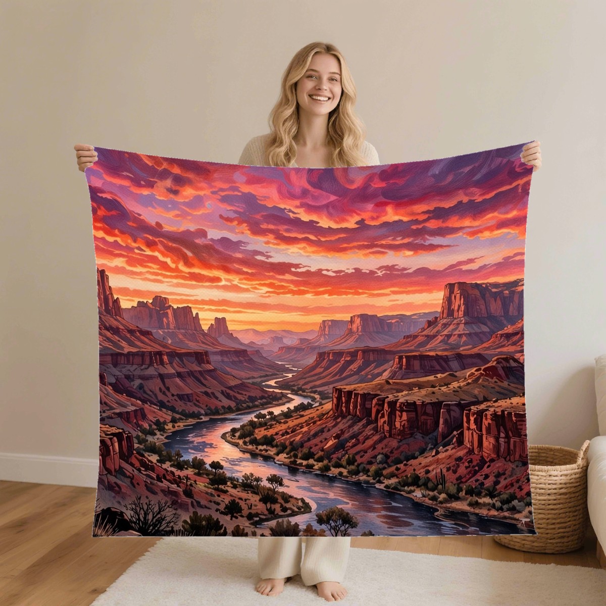 desert canyon sunset blanket worn by a model, personalized Mother's Day gift for mom
