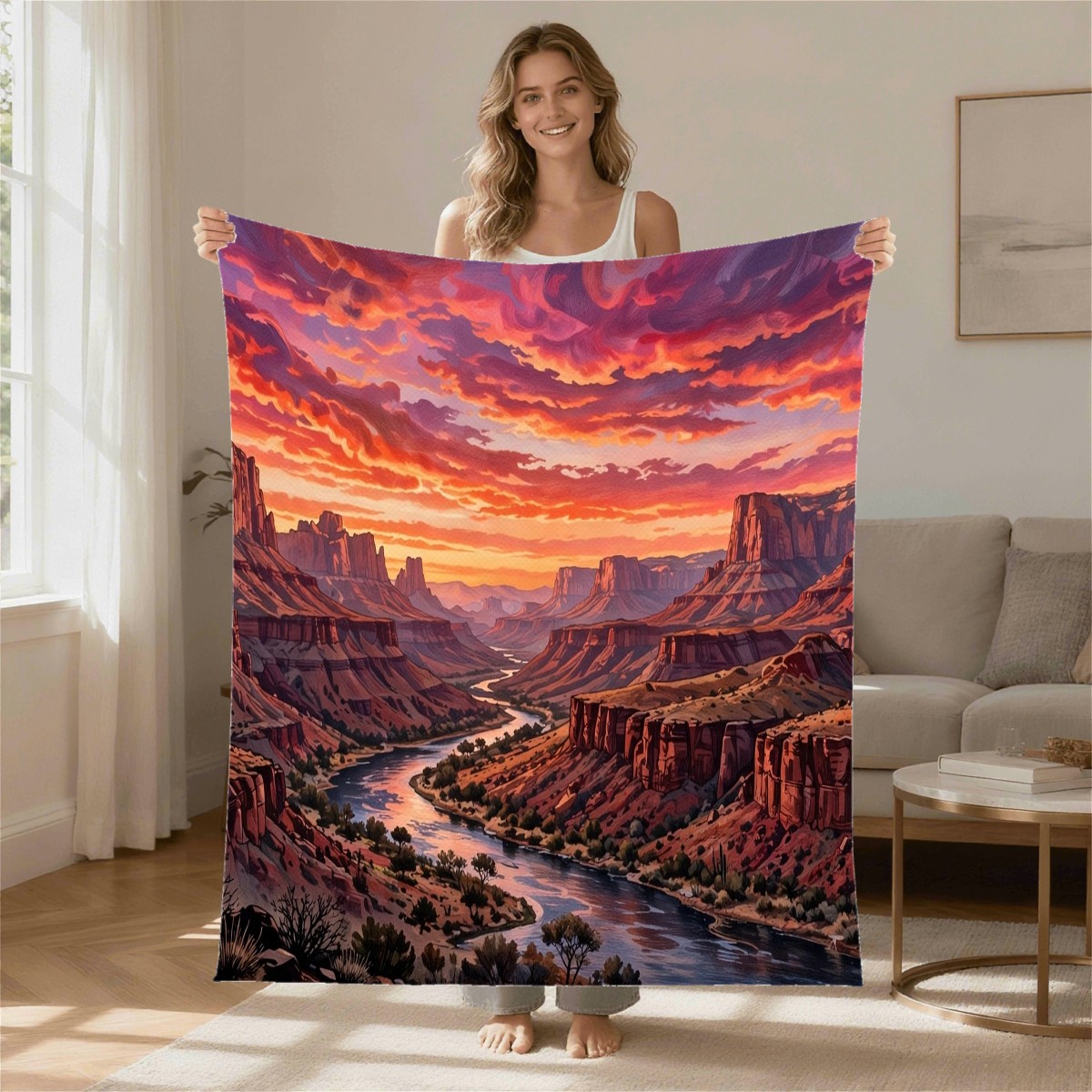 desert canyon sunset blanket modeled in a home setting, gift for mom, Mother's Day