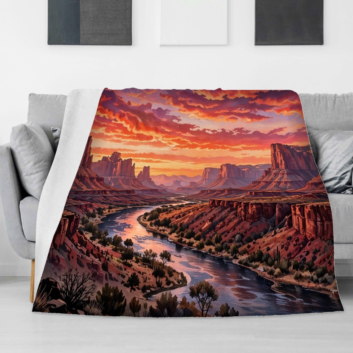 Desert canyon sunset blanket draped on a sofa, warm Mother's Day gift for mom
