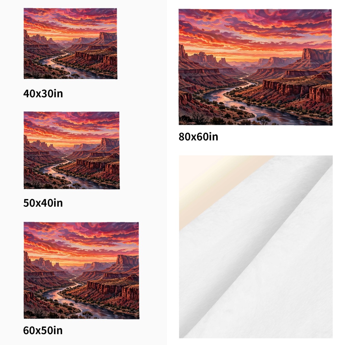 desert canyon sunset flannel blanket size comparison across all four sizes