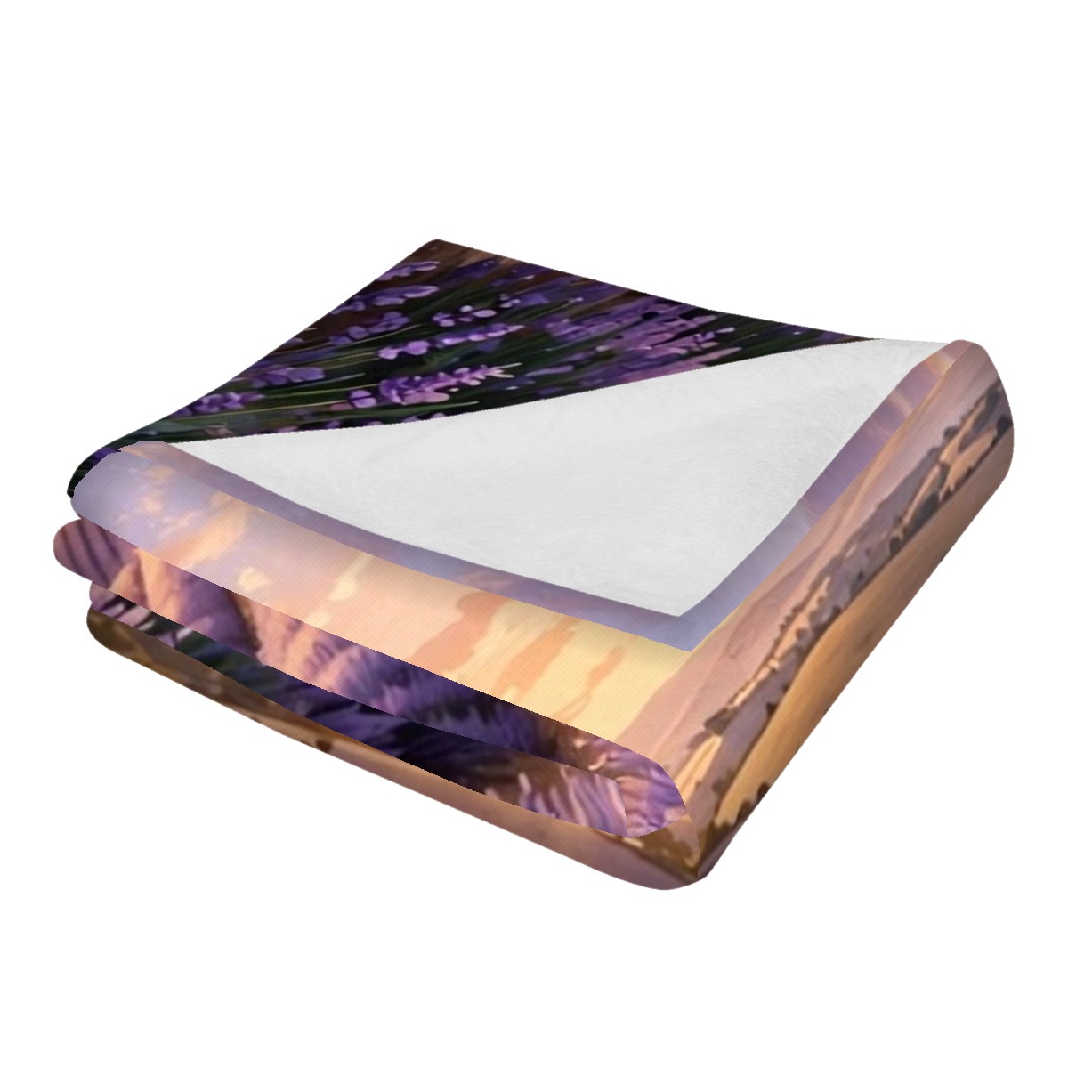 Close-up detail of the lavender field sunset print on the flannel blanket, gift for sister