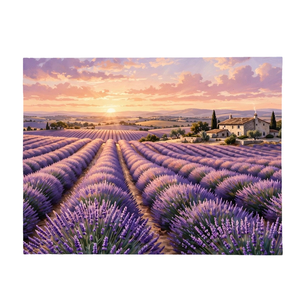 Lavender field sunset flannel blanket with purple rows under a peach sky, thank you gift for sister