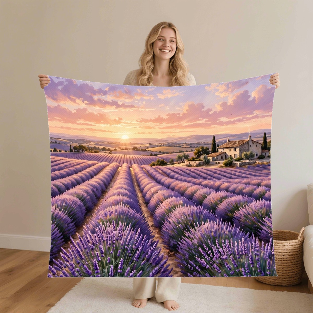 lavender field sunset blanket worn by a model, personalized Thank You gift for sister