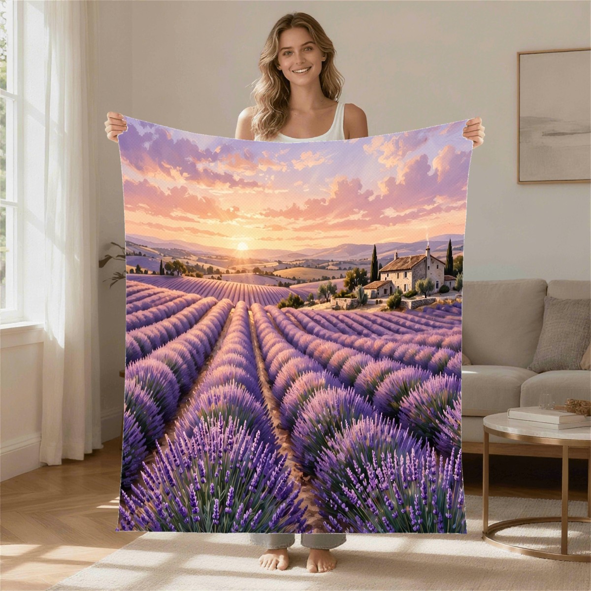 lavender field sunset blanket modeled in a home setting, gift for sister, Thank You