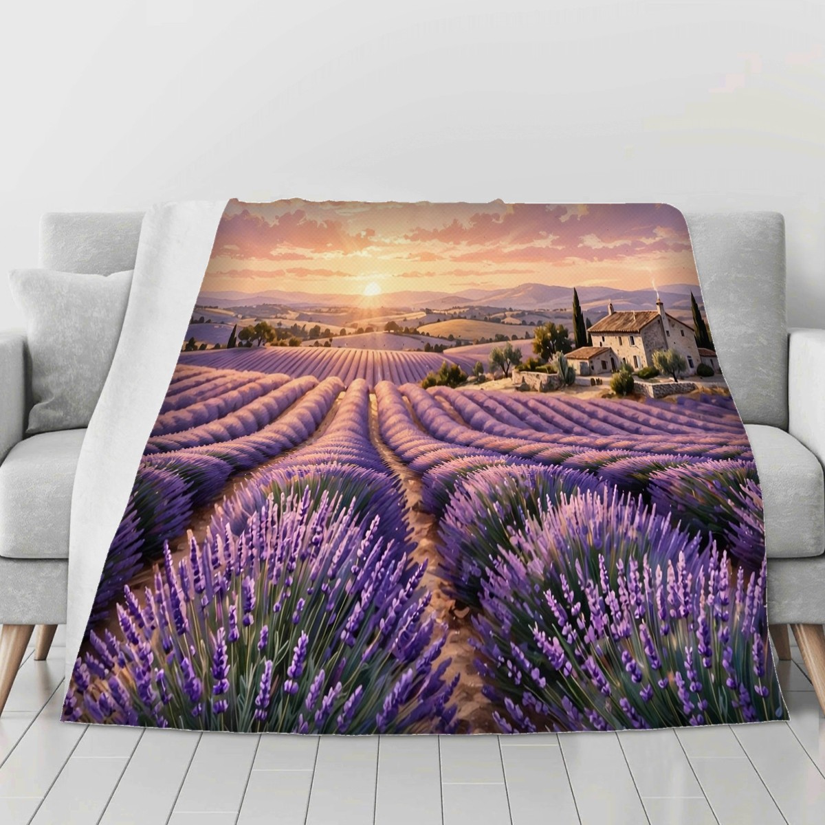 lavender field sunset blanket on a second sofa, personalized Thank You gift for sister