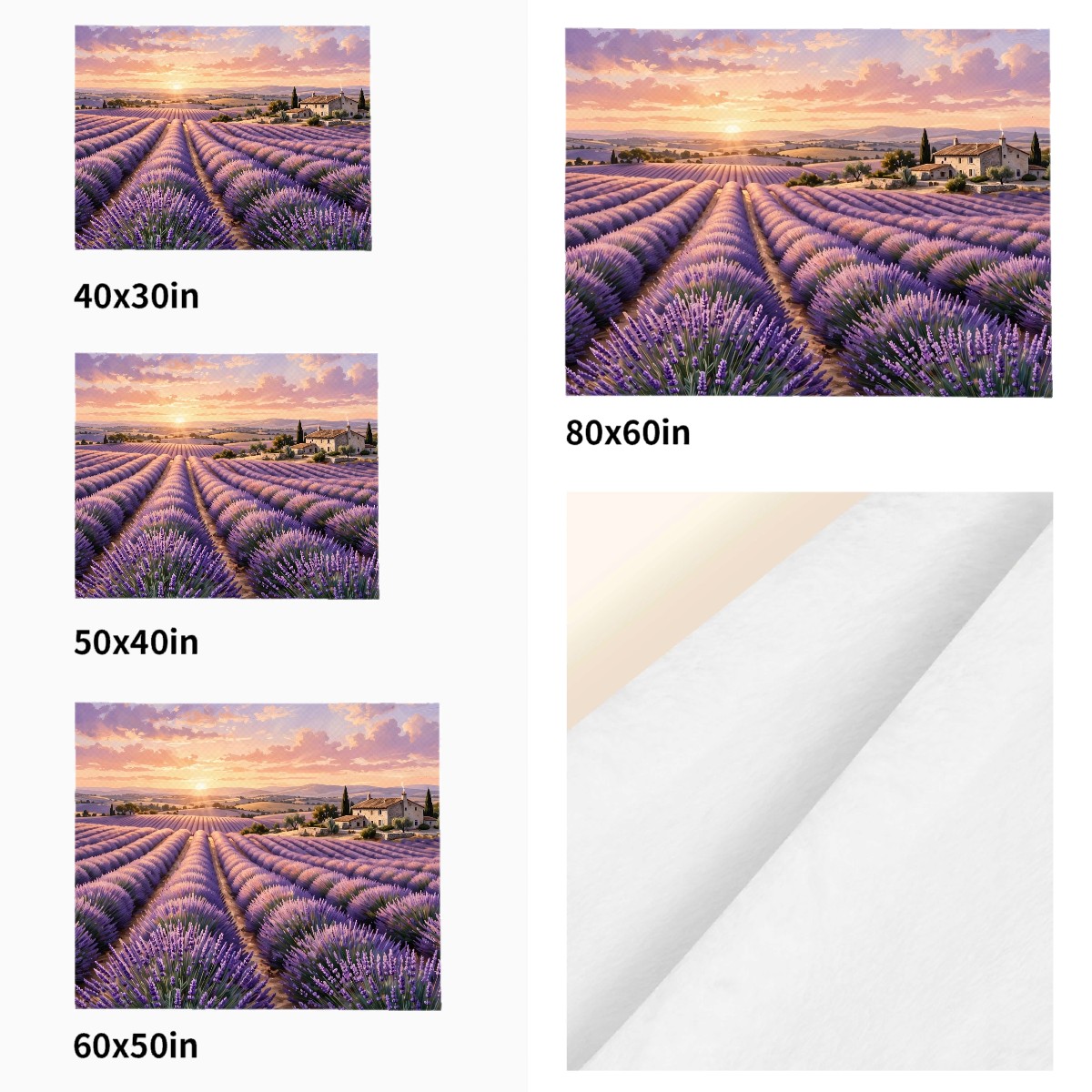 lavender field sunset flannel blanket size comparison across all four sizes