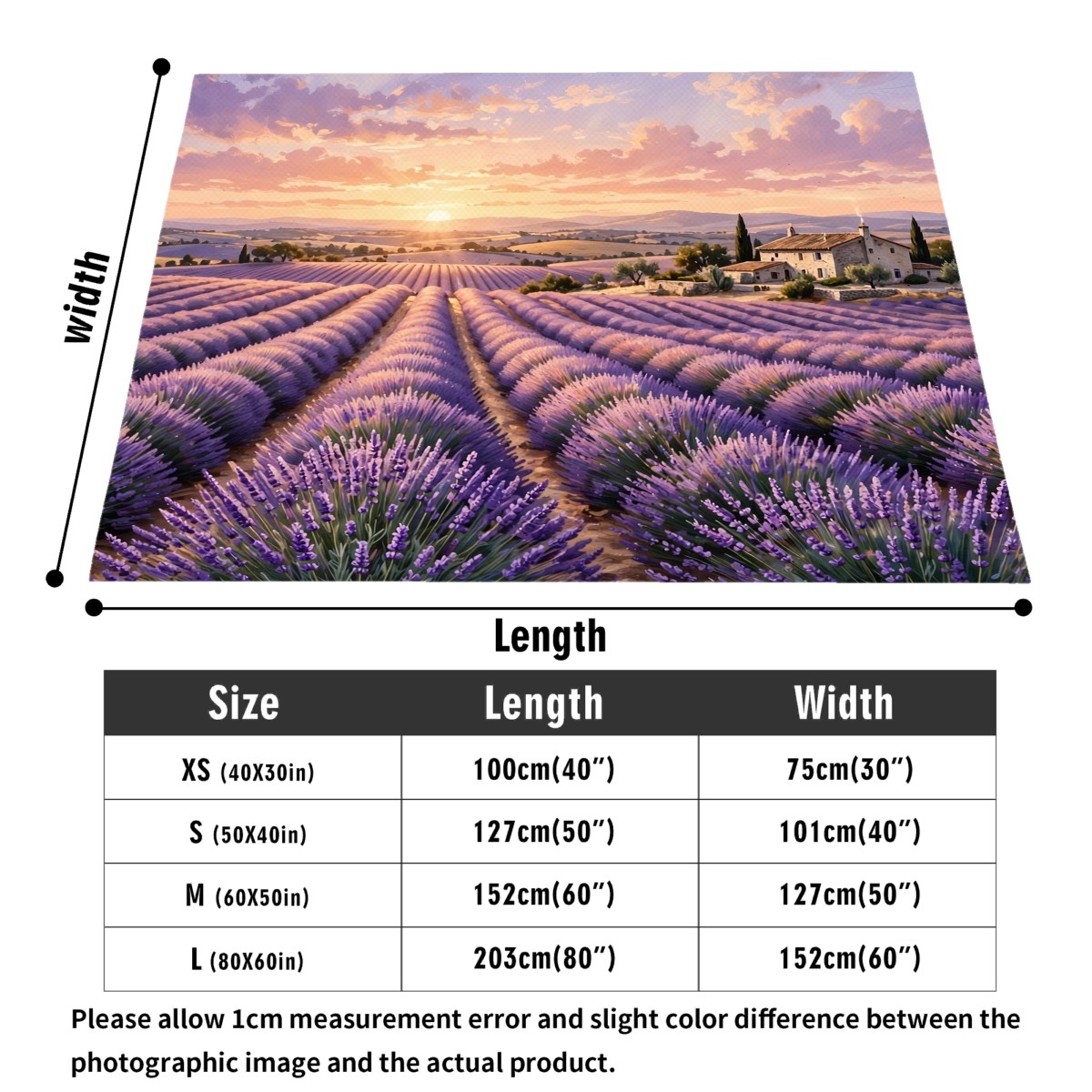 lavender field sunset flannel blanket size guide, 30x40 to 60x80 inch