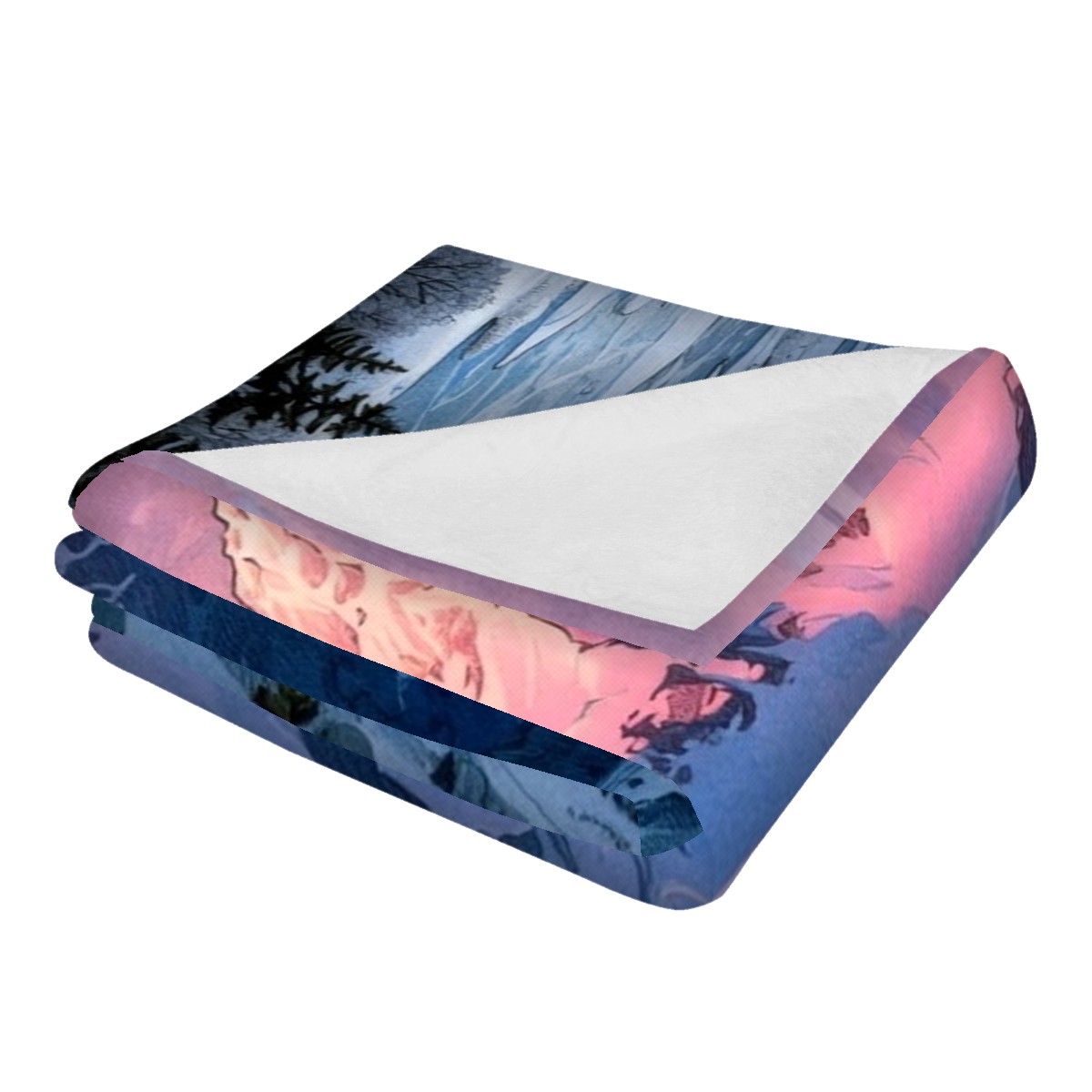 Close-up detail of the snowy peak sunset print on the flannel blanket, gift for son