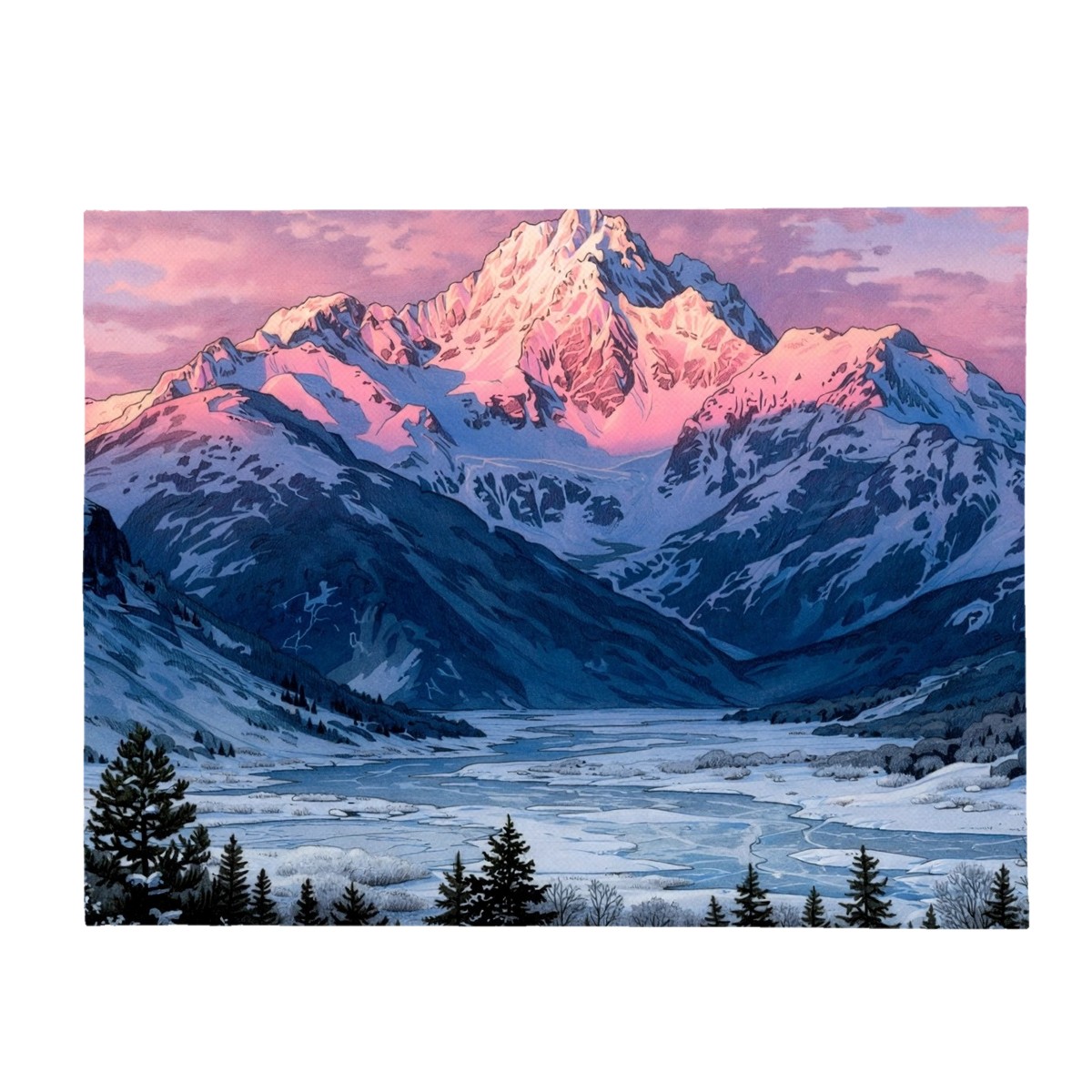 Snowy peak sunset flannel blanket with pink alpenglow over a frozen valley, Christmas gift for son